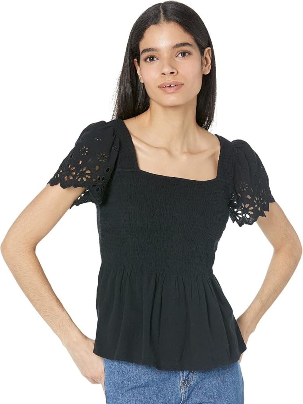 Madewell Eyelet-Sleeve Lucie Smocked Peplum Top
